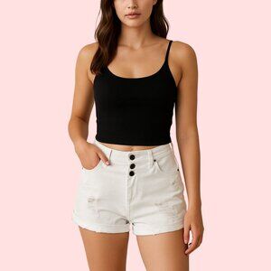 High-Waisted White Distressed Denim Shorts – Button Fly, Size M